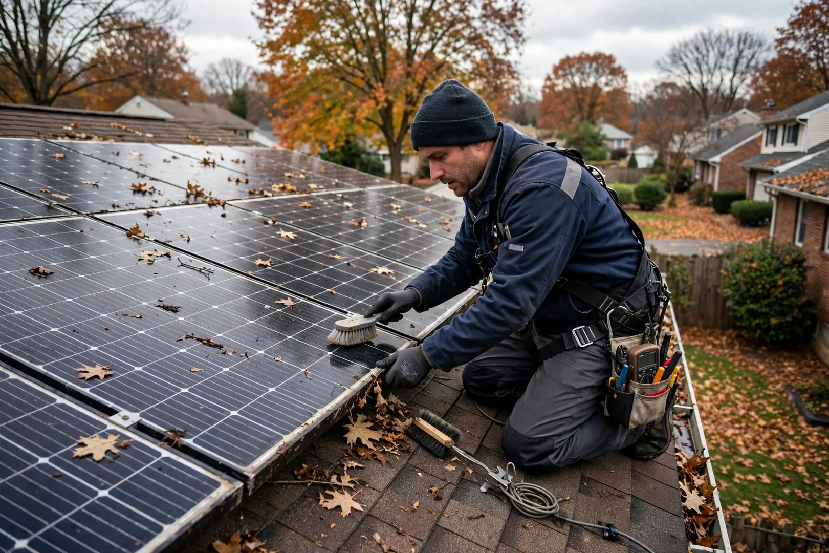Technicians setting ballasted racking and solar modules on a flat commercial roof in Wayne