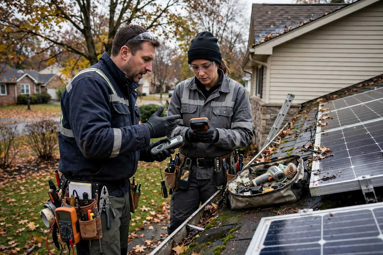 Technicians securing racking rails for a commercial rooftop solar array on a flat membrane roof