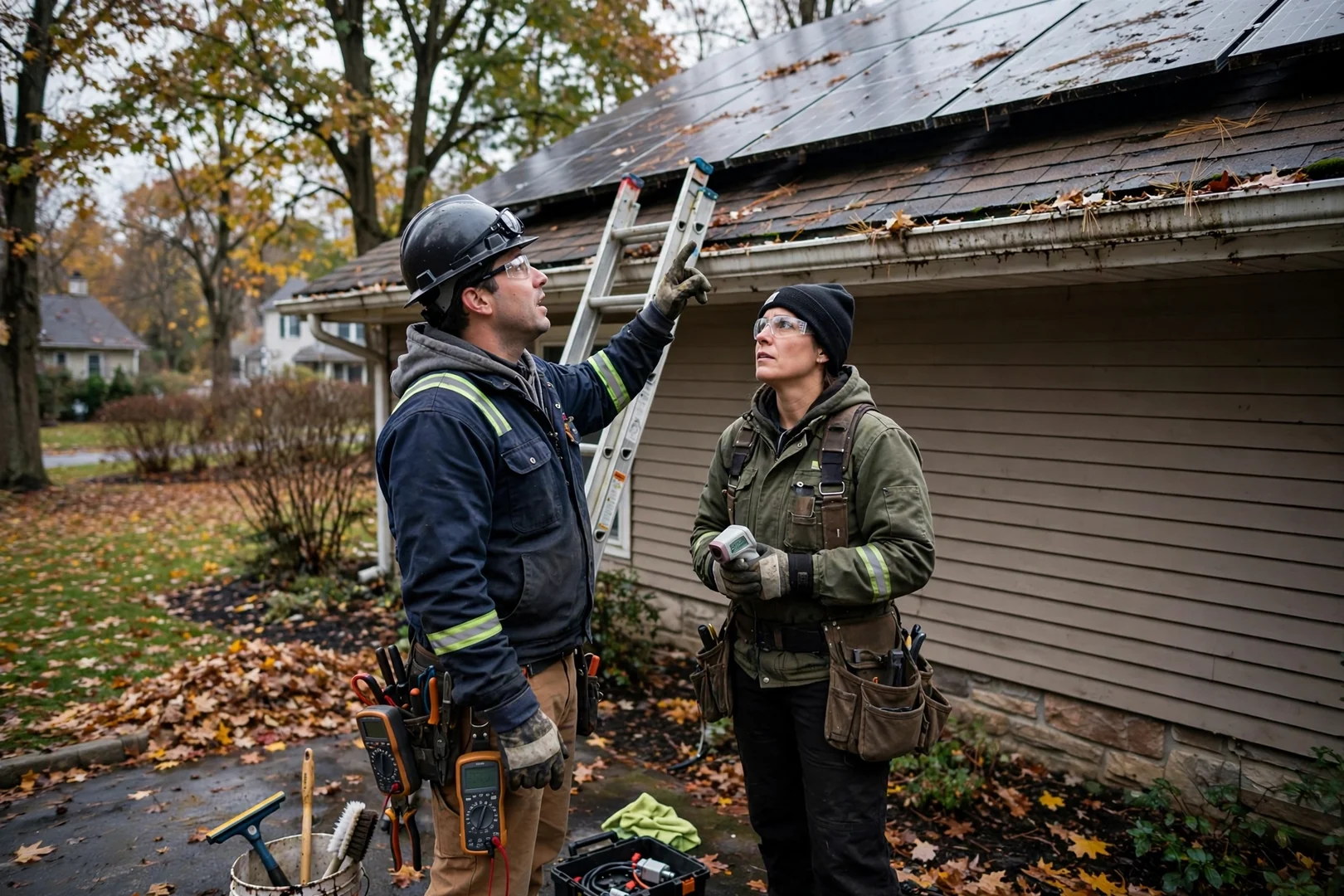 Technician measuring pier spacing for a ground-mounted solar array on a residential lot