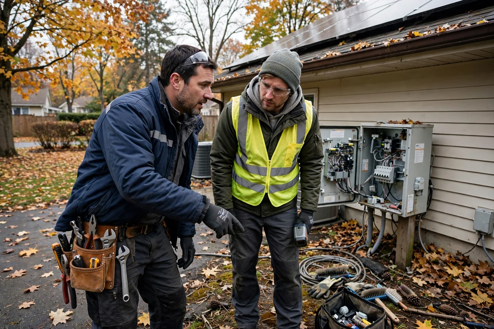 Technicians setting racking rails on a ground-mounted solar array in a Wayne backyard