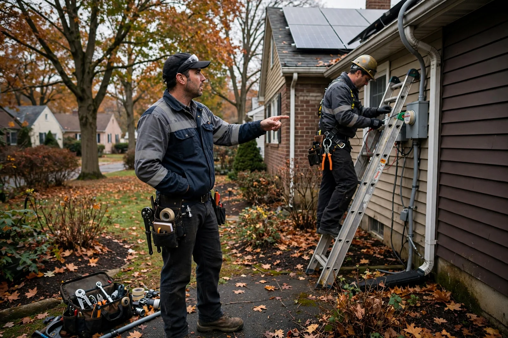 Technicians aligning racking on a ground-mounted solar array in a Wayne backyard