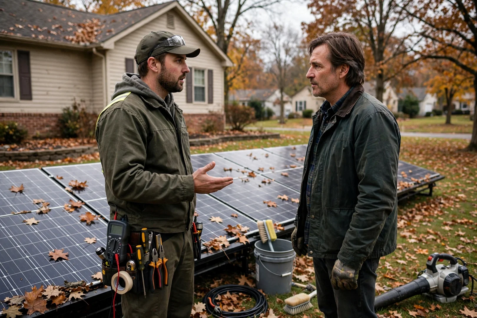 Technician reviewing hybrid inverter and battery cost details with a homeowner in Wayne