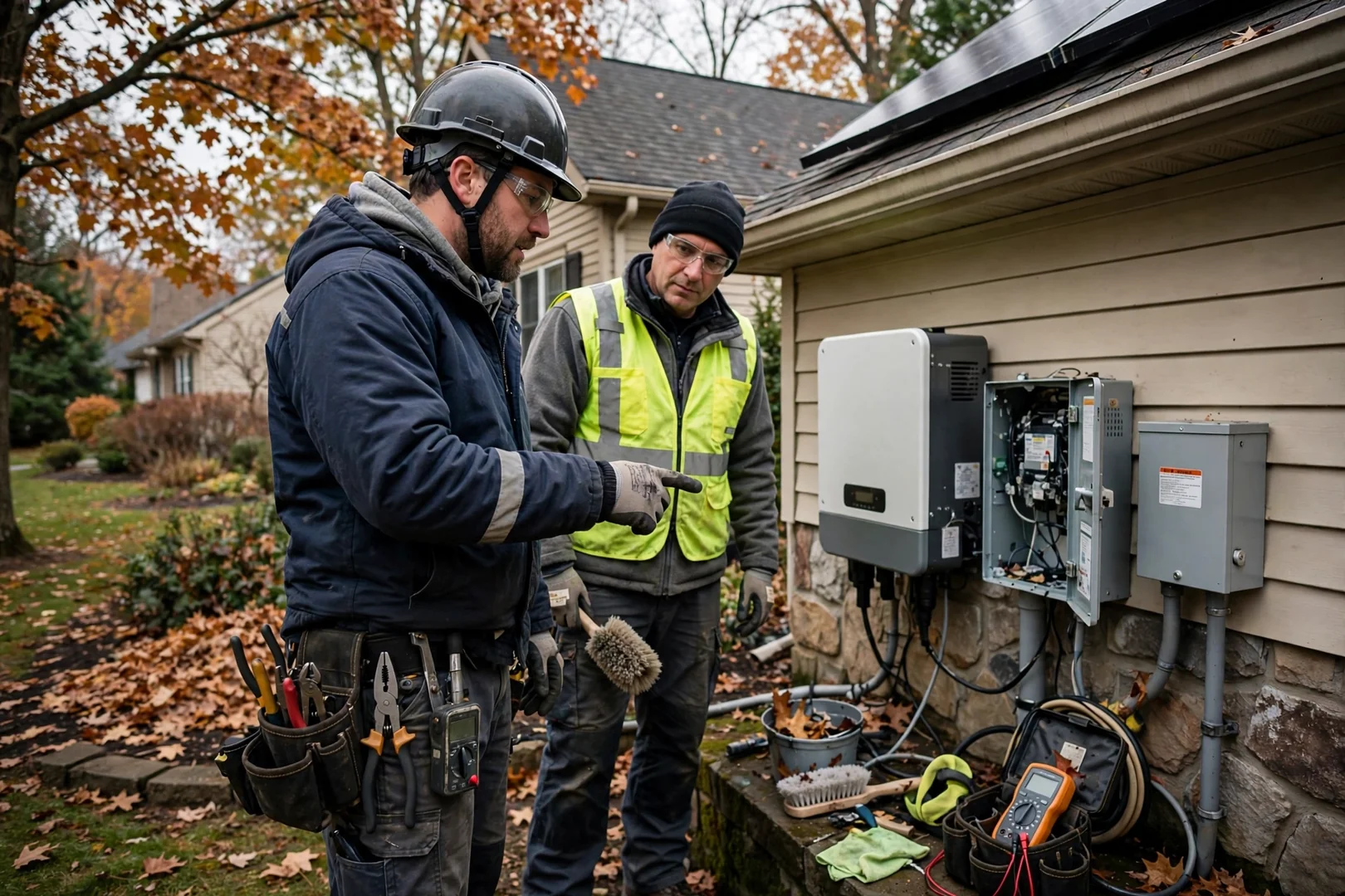 Technician wiring a hybrid inverter and battery bank inside a Wayne home utility room