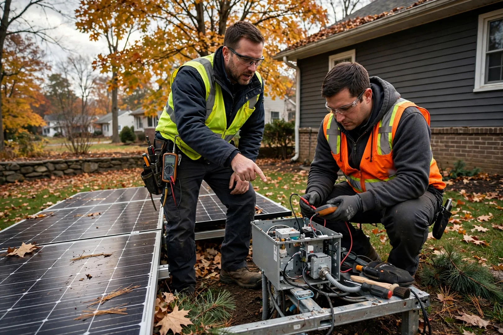 Technician commissioning a hybrid solar inverter and battery bank in a Wayne home basement