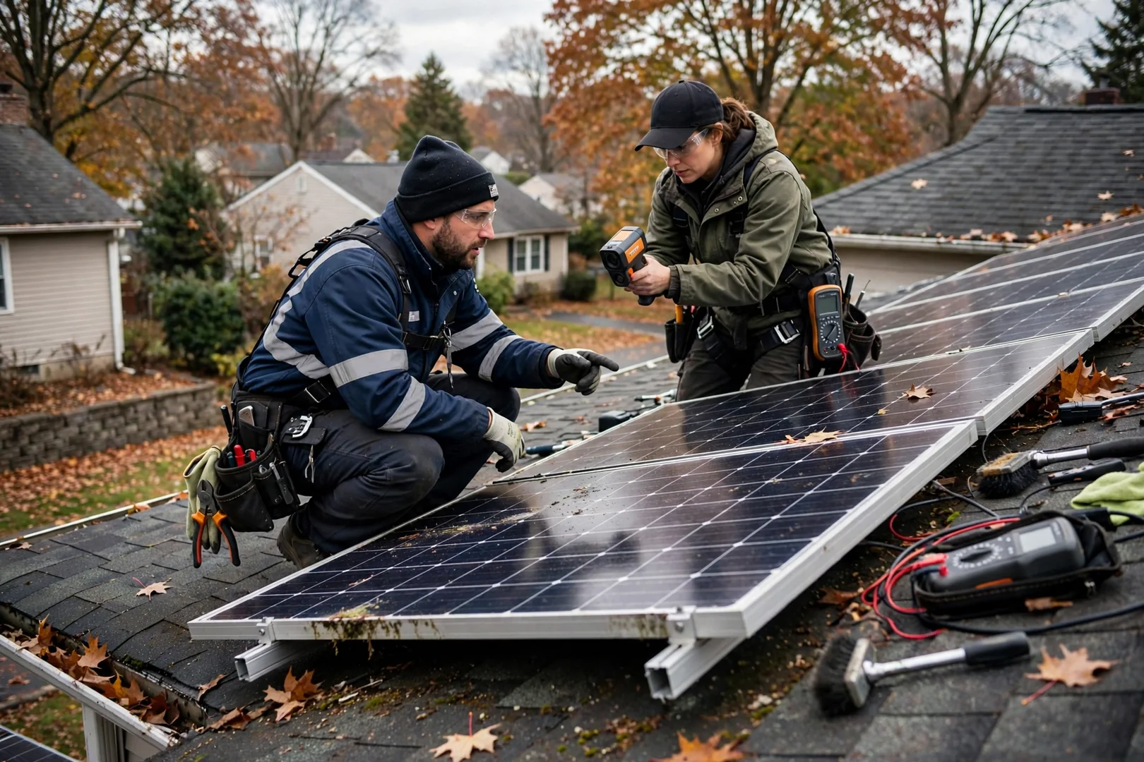 Technician reviewing battery bank and inverter wiring for an off-grid solar system in Wayne