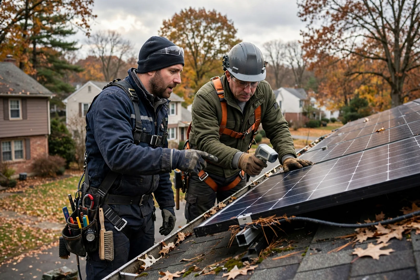 Technician wiring a battery bank and charge controller for an off-grid solar system