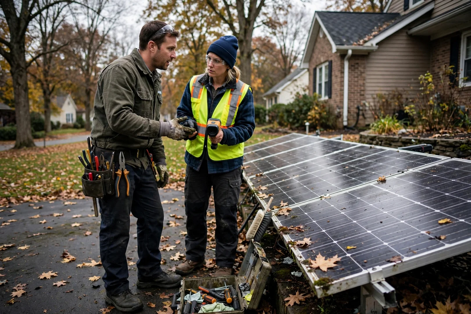 Ground-mounted solar array serving a detached barn on a wooded Wayne property
