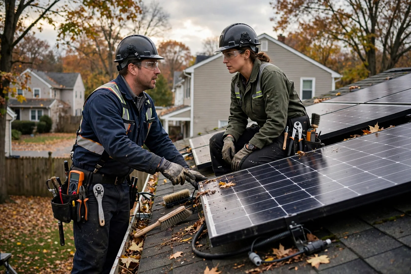 Technician wiring an off-grid battery bank and charge controller in a Wayne utility room
