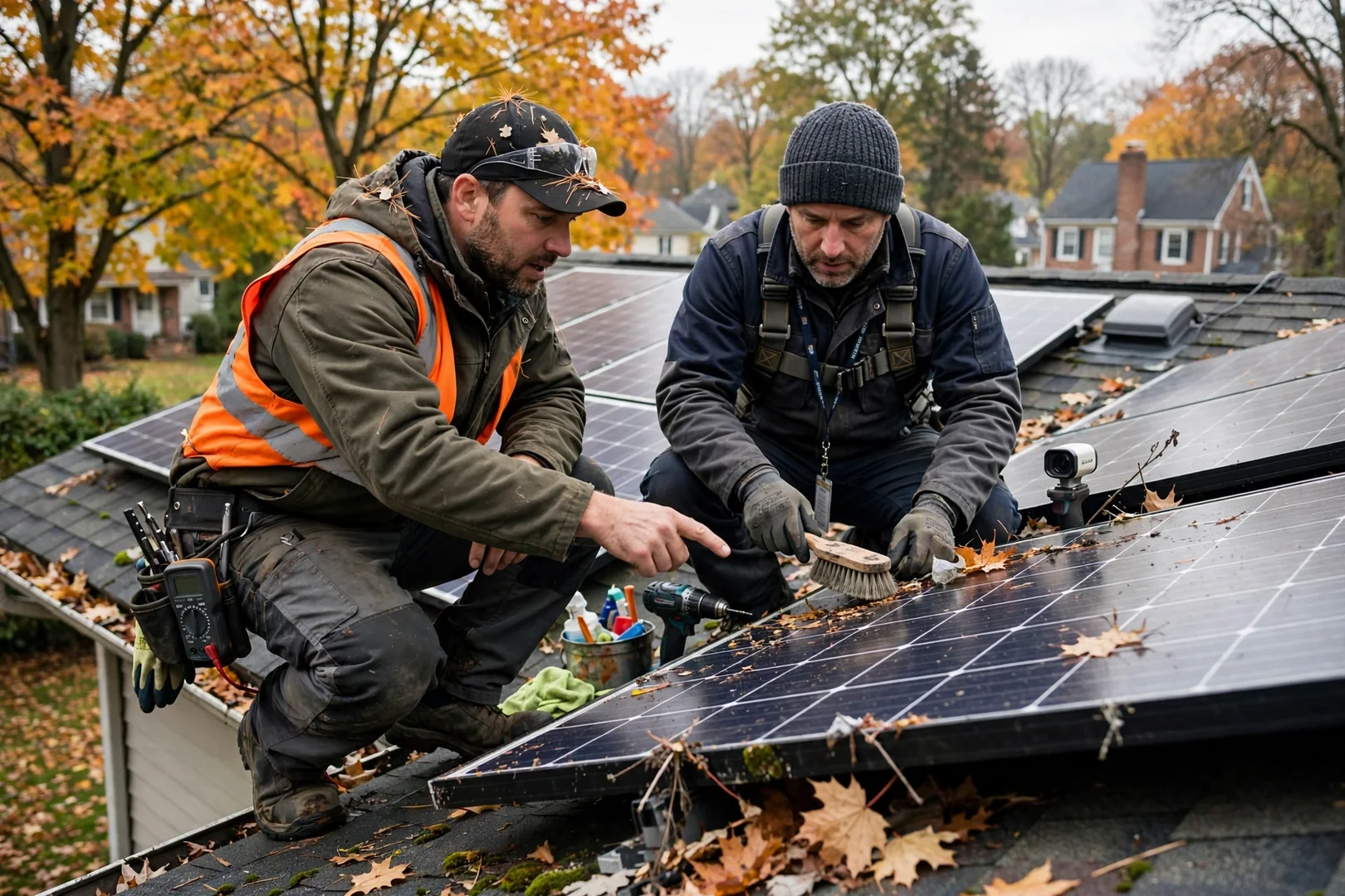 Solar technician reviewing system layout and cost estimate with homeowner beside residential roof array