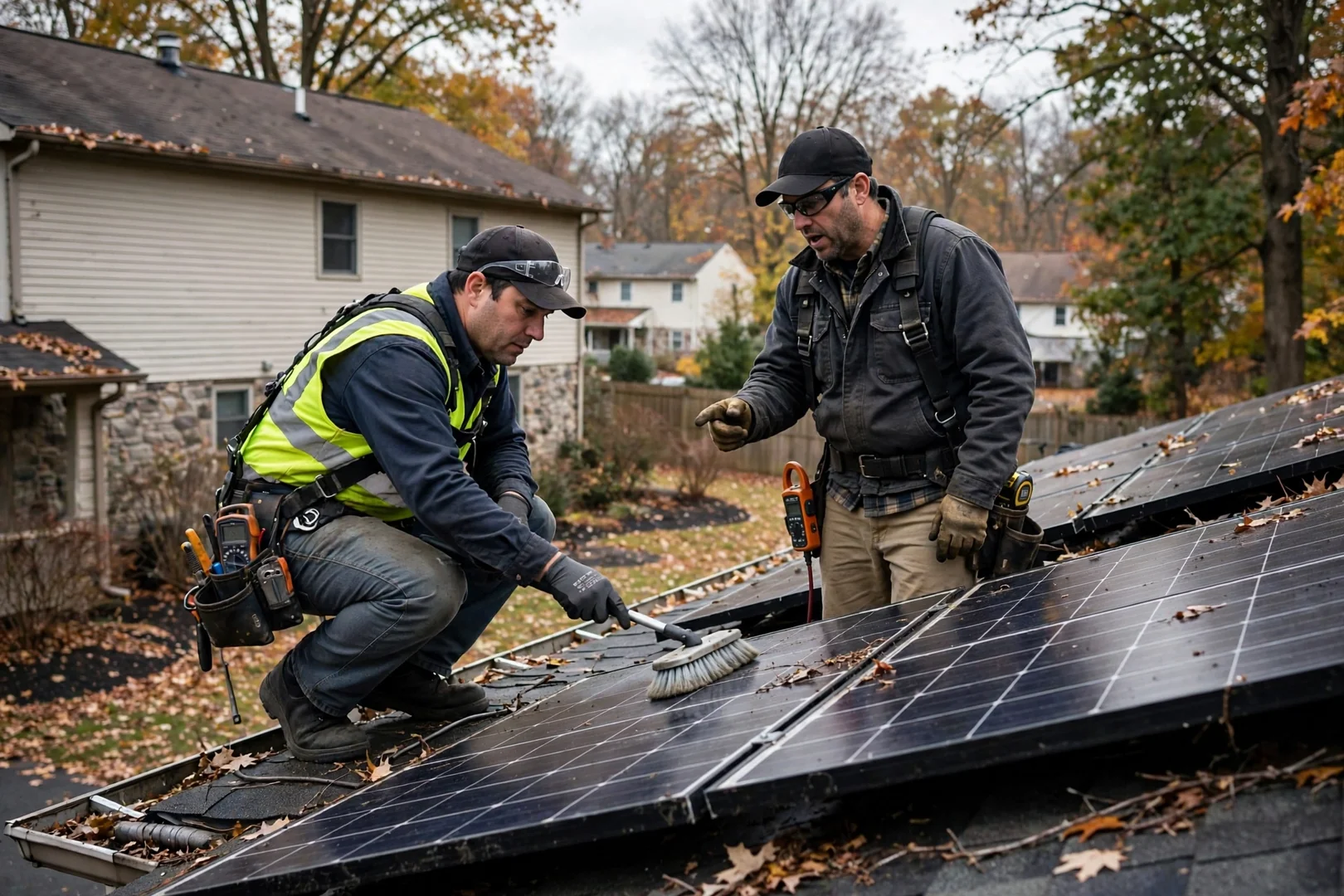 Technicians mounting rooftop solar modules on rail system at a Wayne home