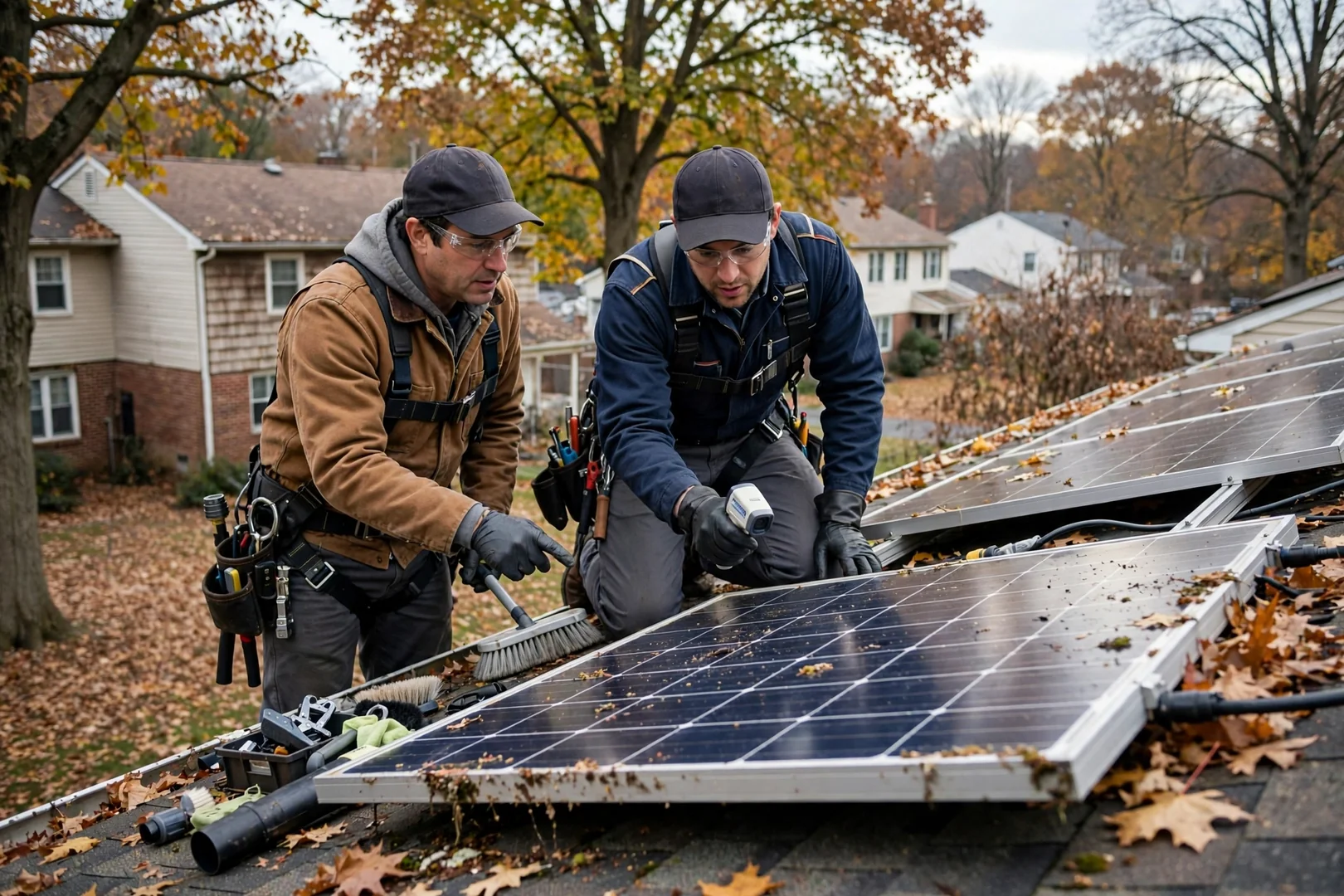 Solar installer securing flashed roof mounts on a Wayne home during panel installation