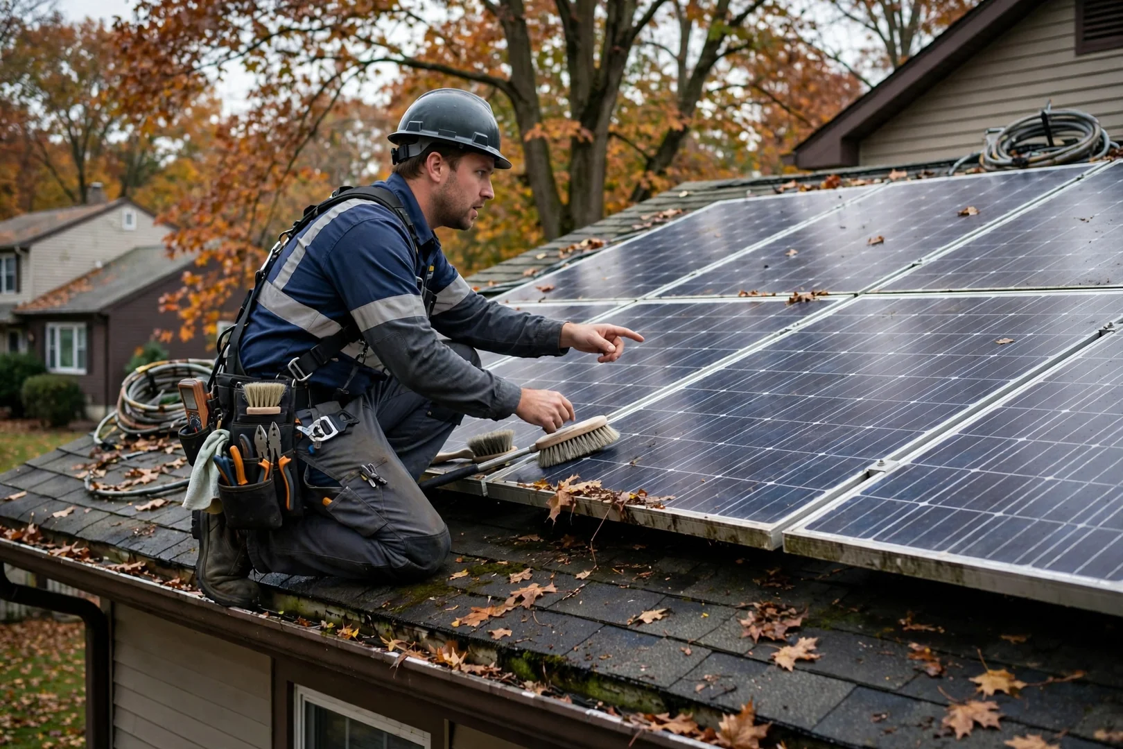 Technician reviewing electrical panel capacity before a home battery storage installation in Wayne