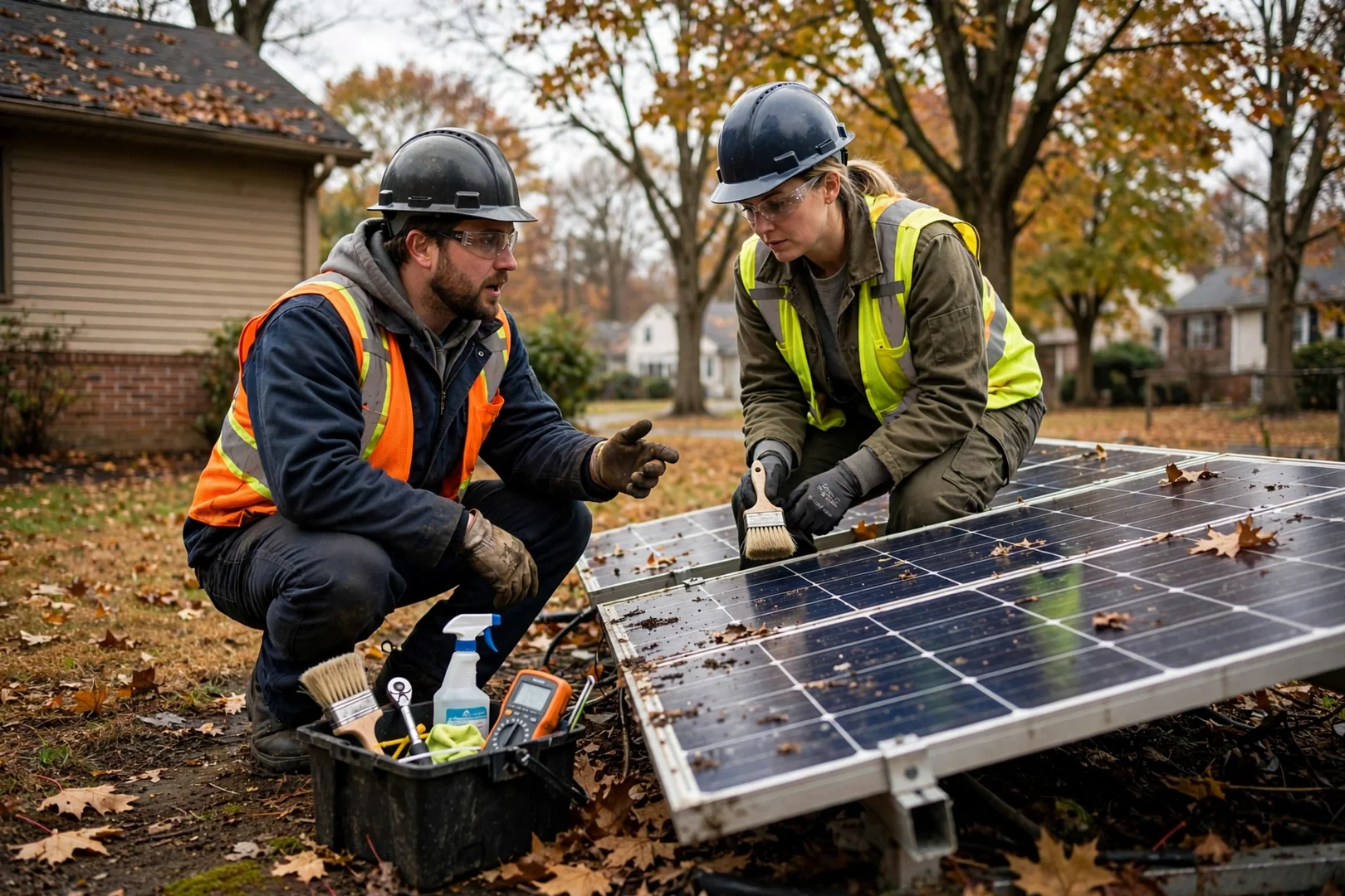 Technician mounting a wall-hung solar battery unit inside a Wayne residential garage