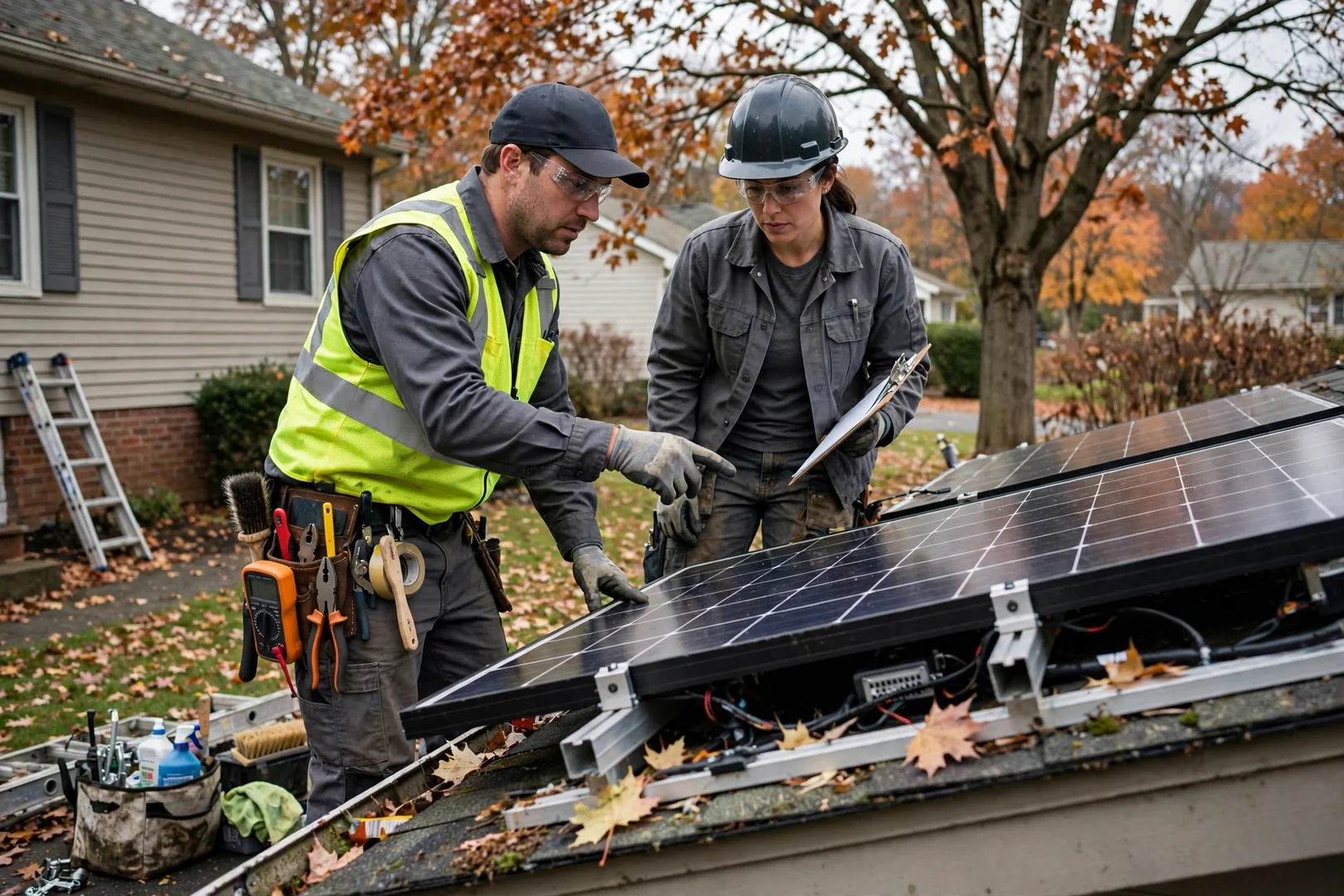 Homeowner reviewing battery monitoring data during a neighborhood power outage in Wayne