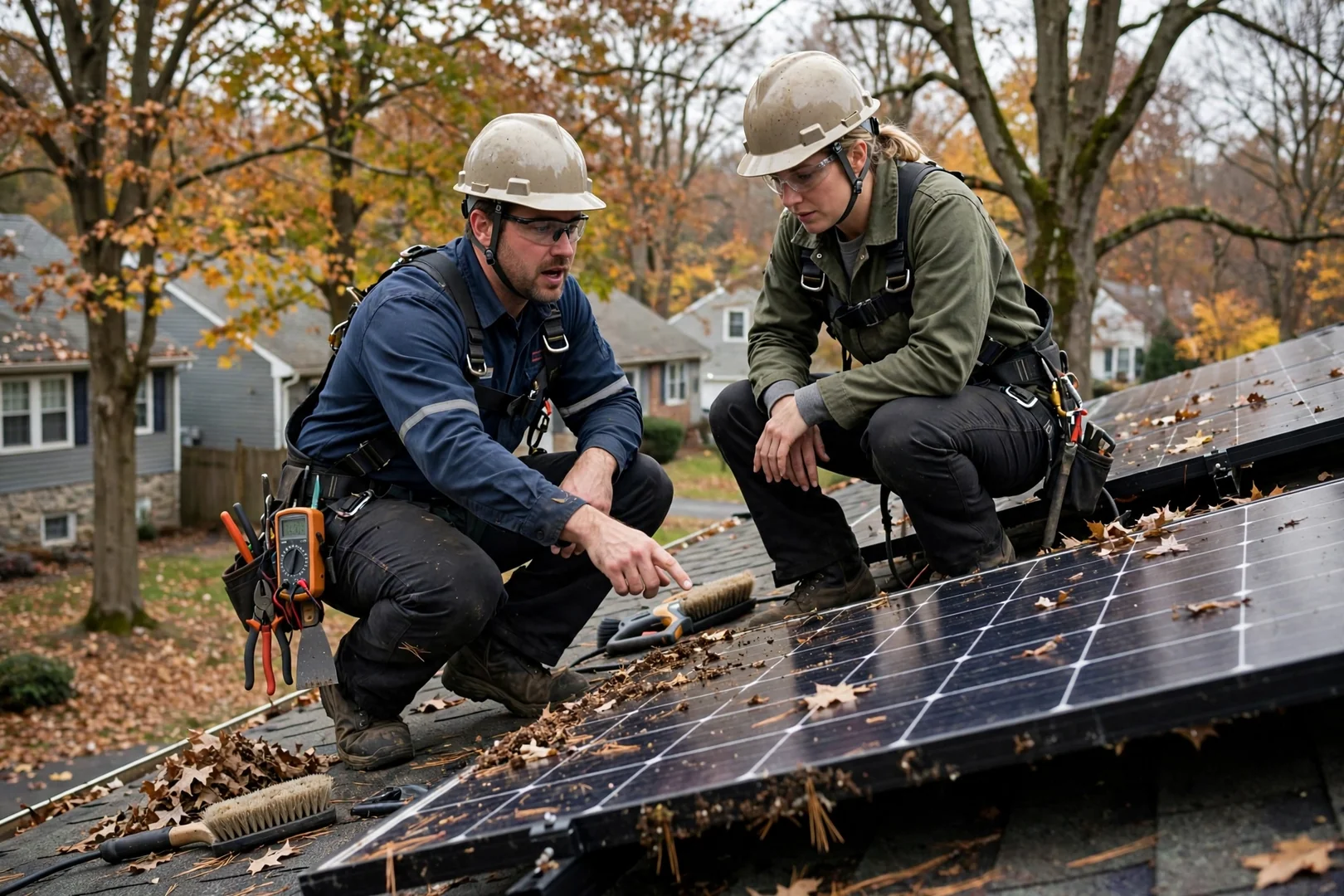 Technician mounting a wall-installed solar battery unit inside a Wayne home garage