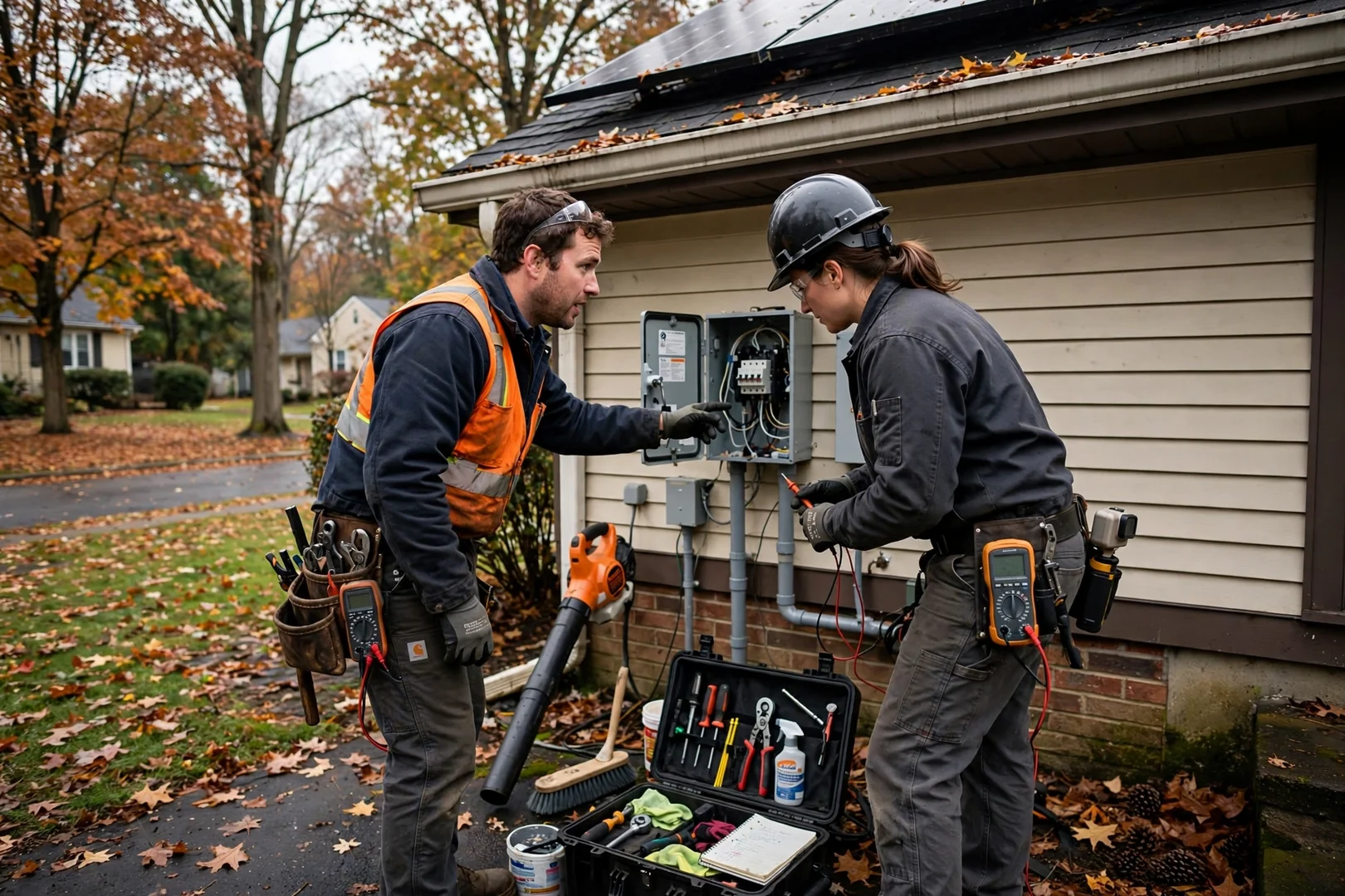 Technician comparing string inverter and microinverter options during a residential solar cost assessment