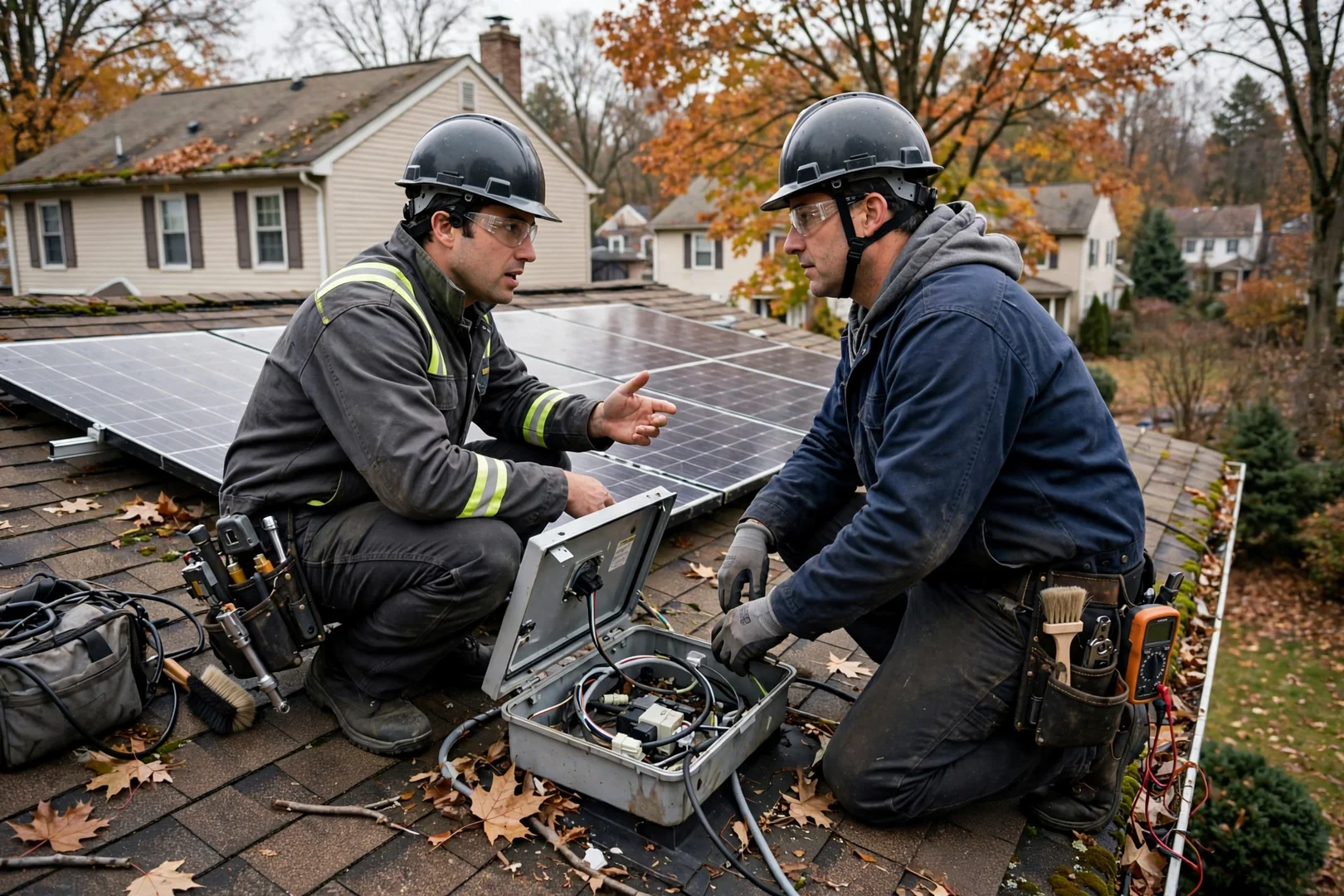 Technician mounting a replacement solar inverter on a garage wall at a Wayne home