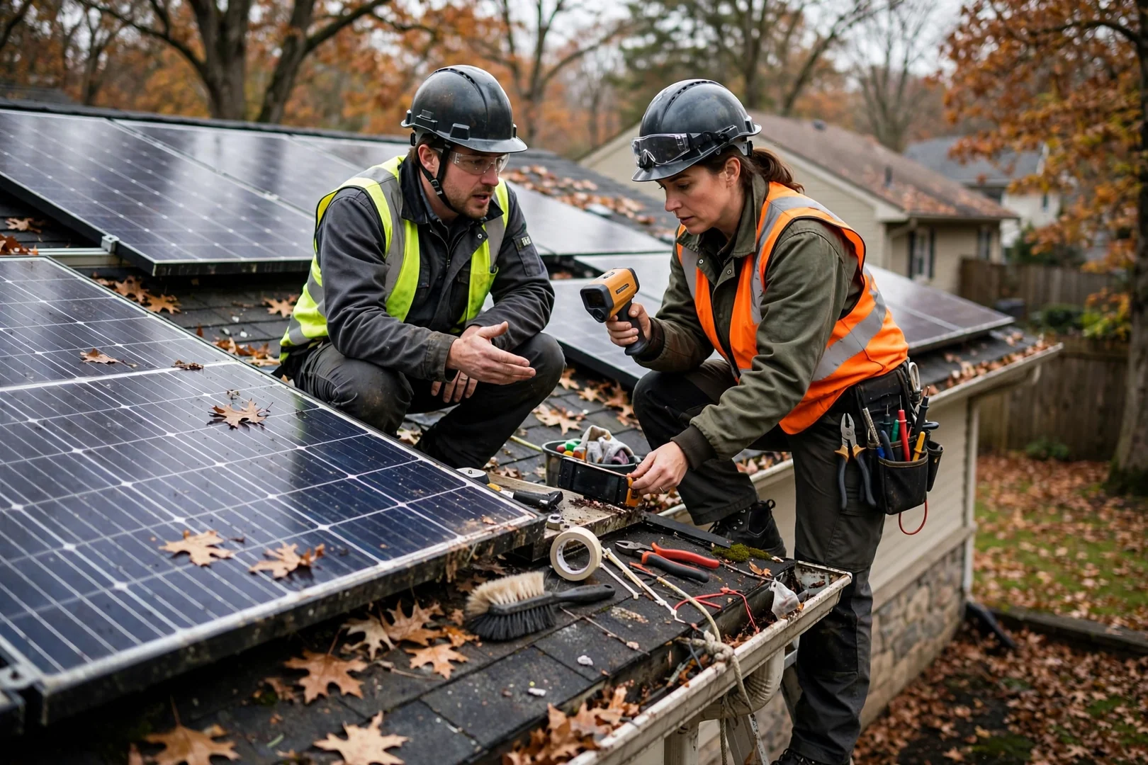 Technician commissioning a newly installed solar inverter on a residential garage wall in Wayne