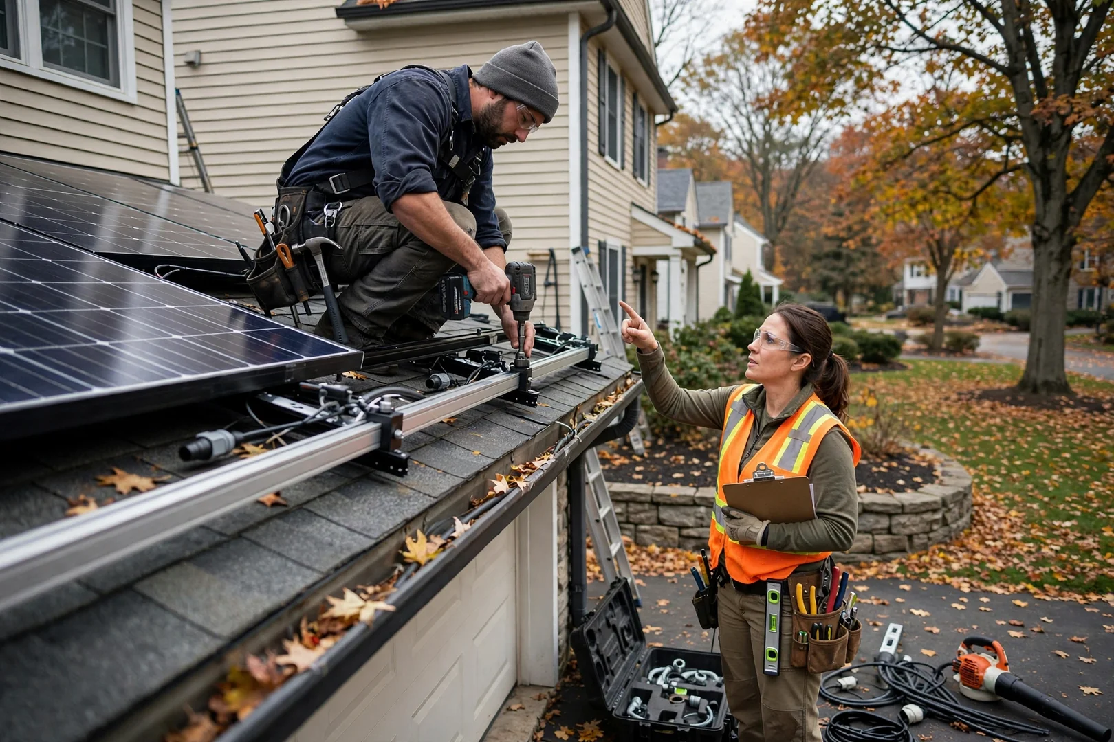 Solar technician testing panel wiring and connectors during a rooftop repair visit