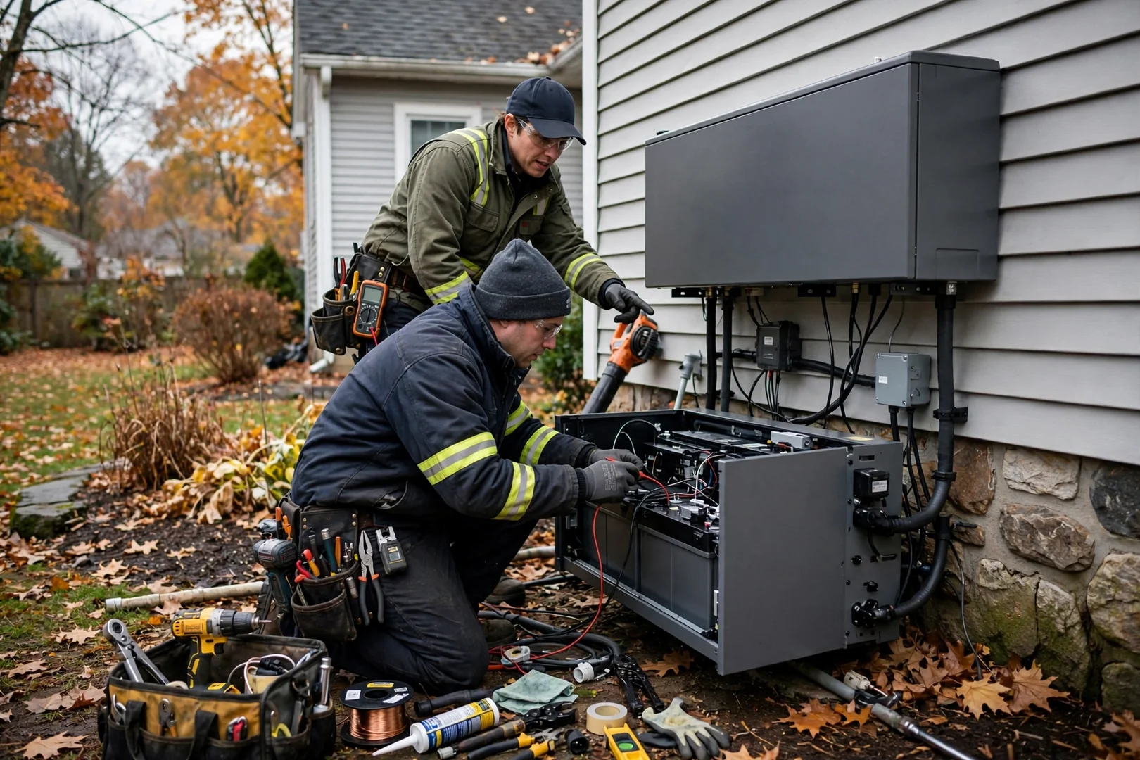 Wall-mounted solar battery unit installed beside a home electrical service panel