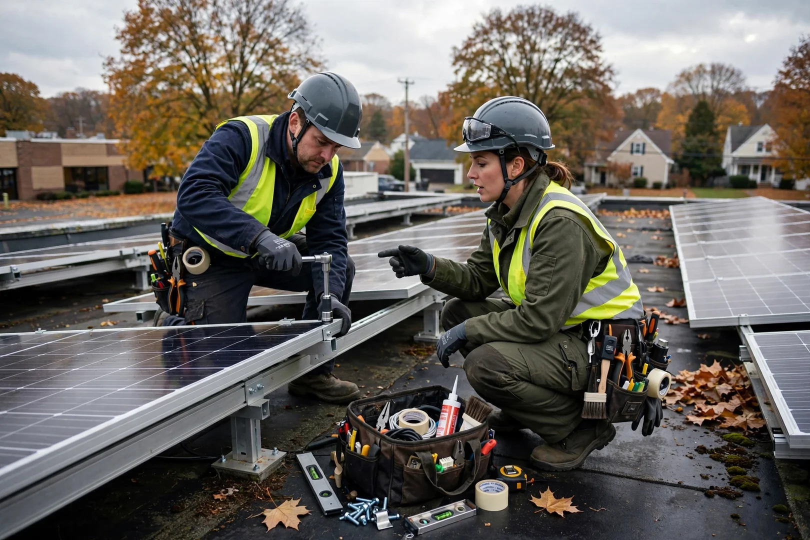 Crew member inspecting array mounting hardware and cleaning panels during seasonal maintenance