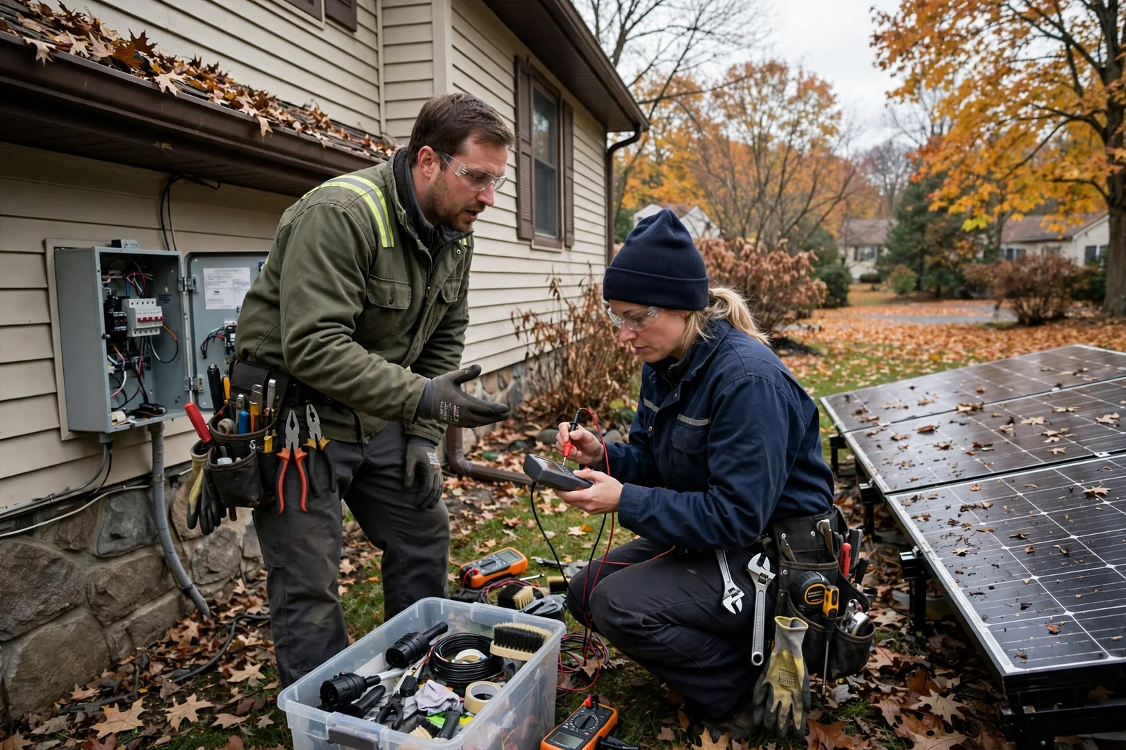 Technician reviewing solar array layout and cost estimate on a Wayne rooftop