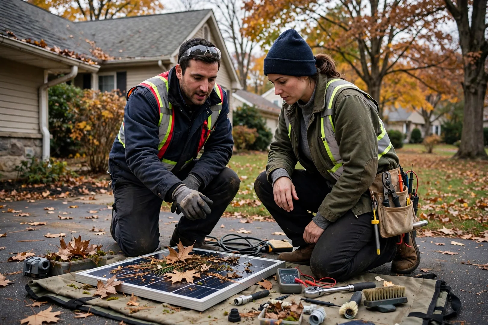 Solar technician reviewing panel layout plans with a homeowner outside a Wayne home