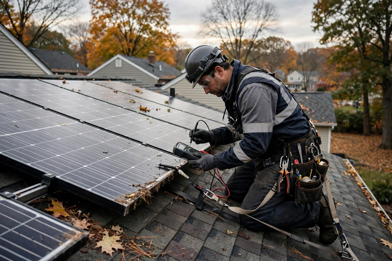 Technician testing string voltage on a residential rooftop solar array in Wayne