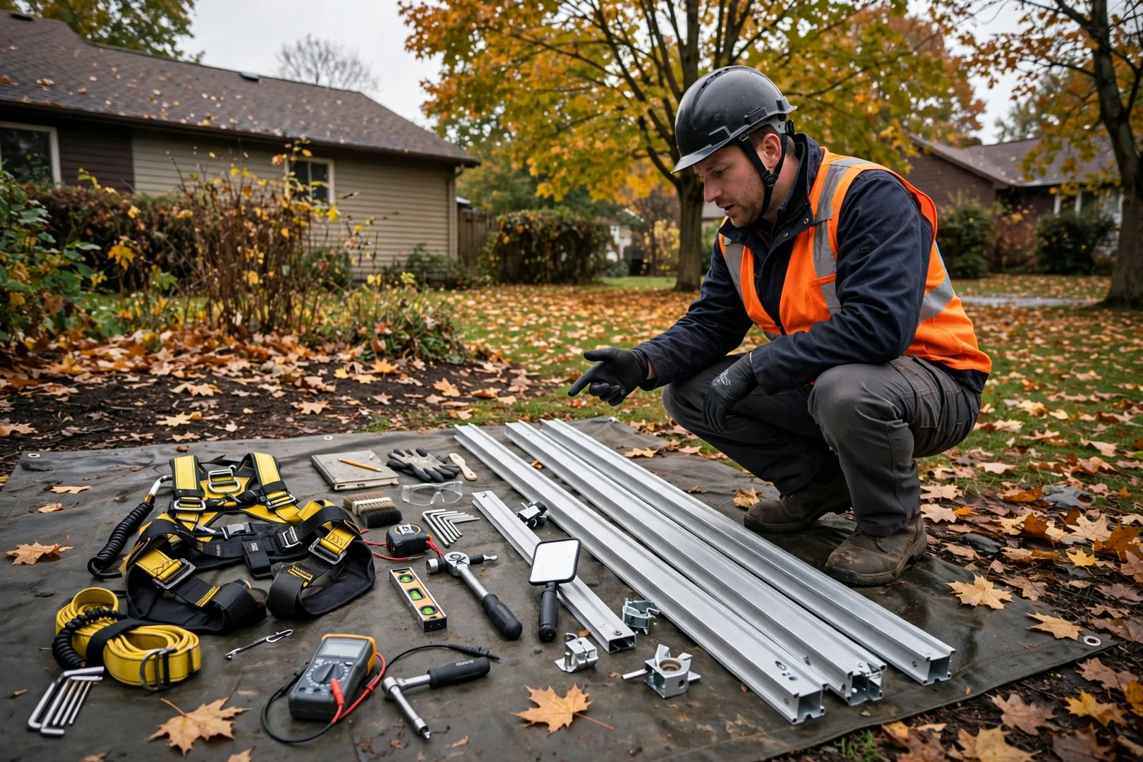 Inspection tools and fall-arrest harness staged beside mounting rails before panel installation