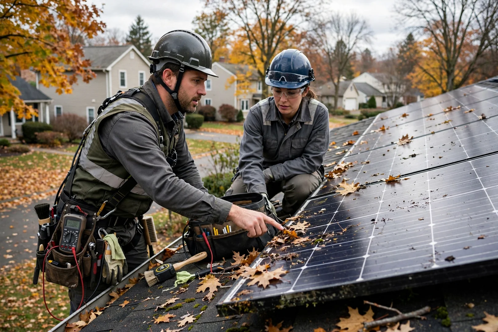 Solar technician reviewing rooftop array plans with a homeowner outside a suburban New Jersey home