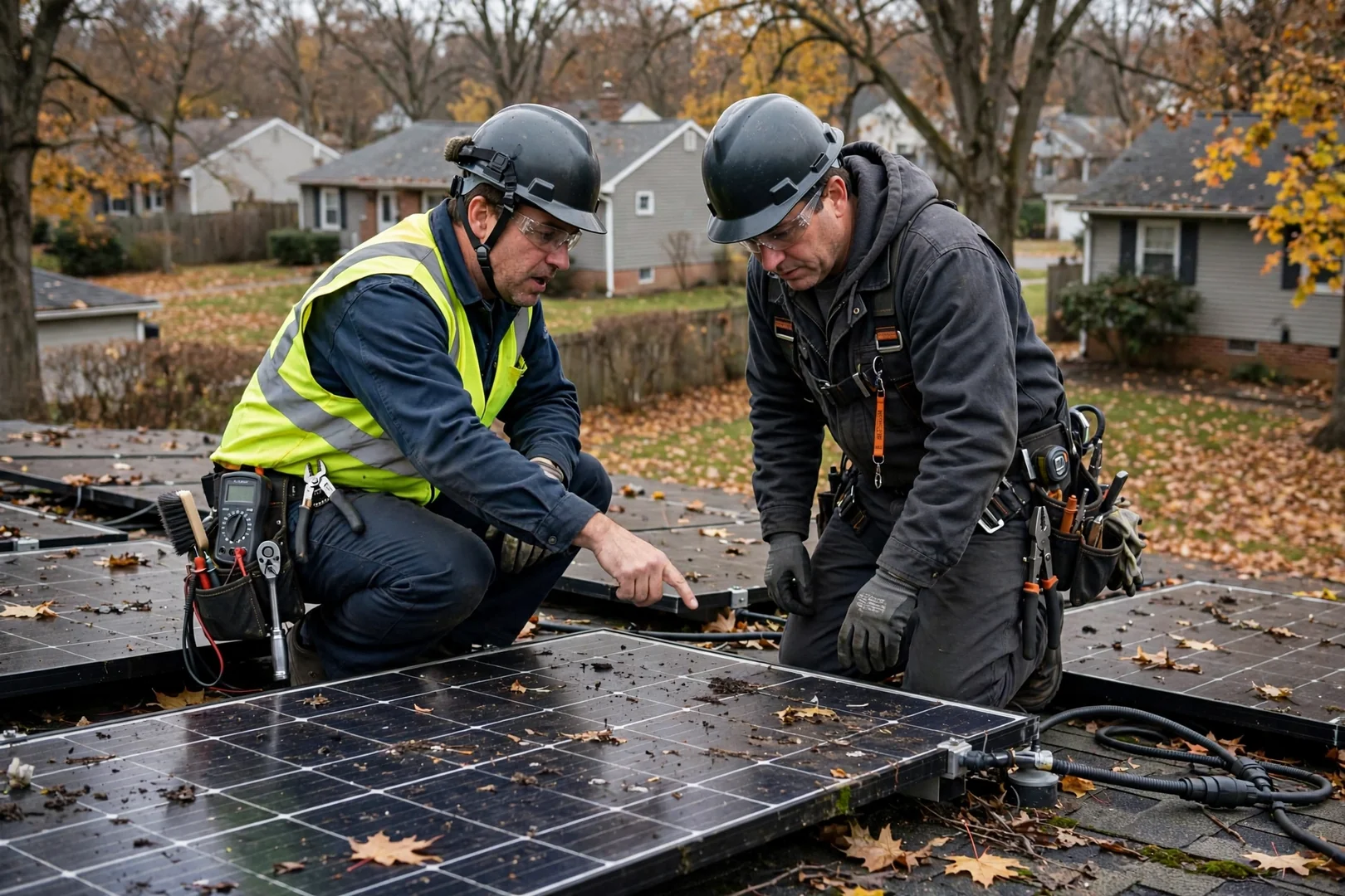 Rooftop solar panels on a suburban Wayne home surrounded by mature shade trees