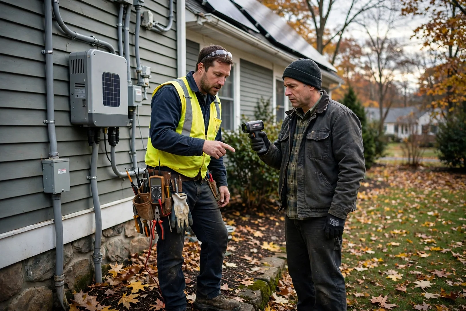 Technician inspecting rooftop solar array wiring and racking hardware on a suburban home