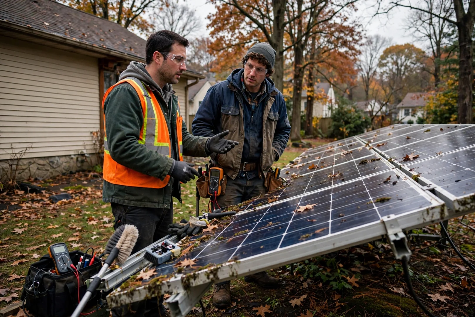 Installers securing racking rails on a residential roof during a Wayne solar project
