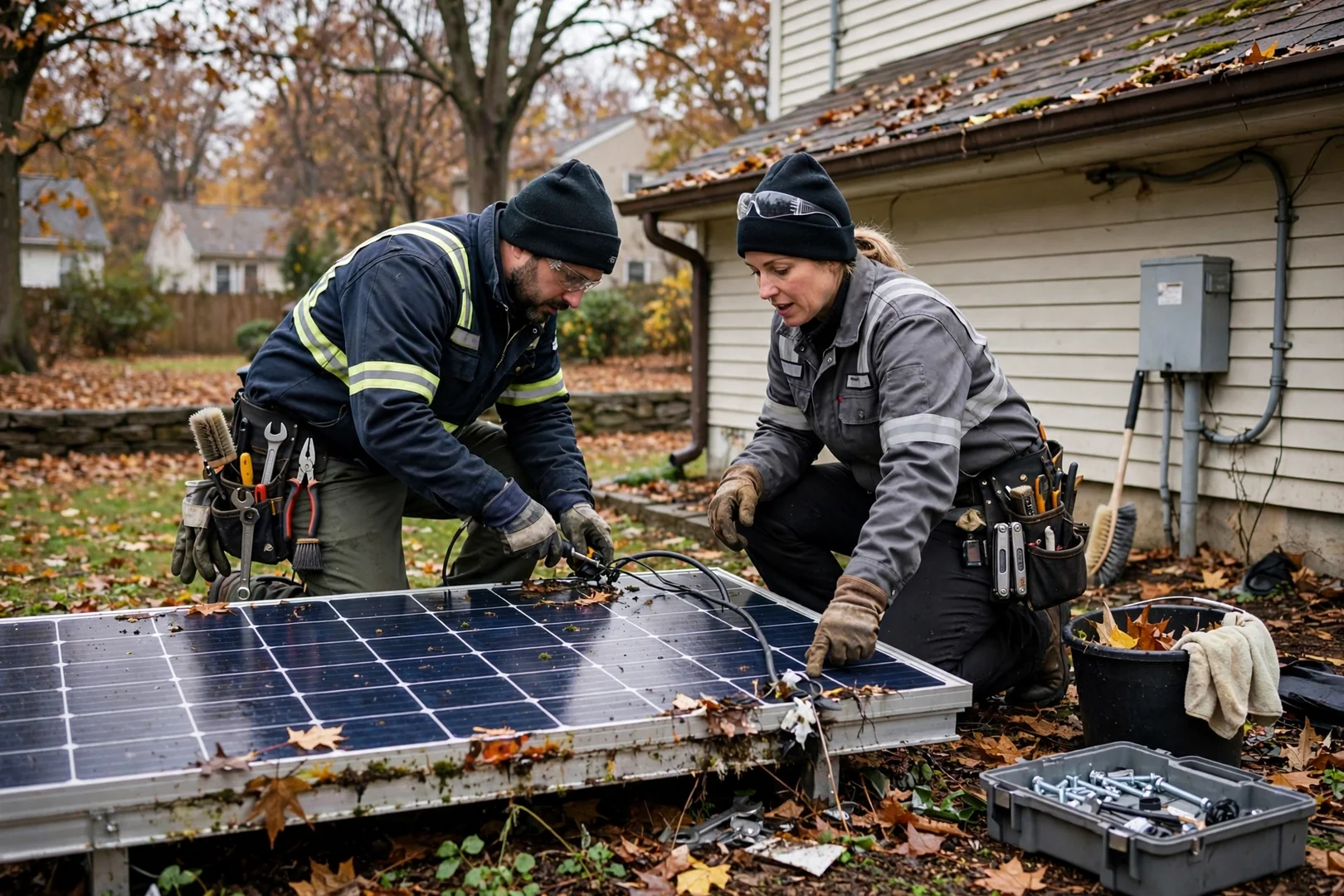 Technicians organizing solar racking rails inverters and torque tools beside a work van