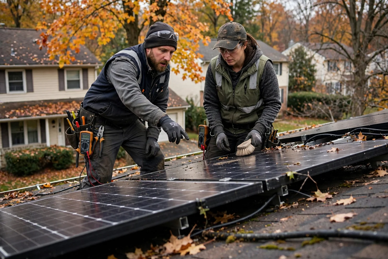 Solar technician testing string voltage at a rooftop array junction box in Wayne