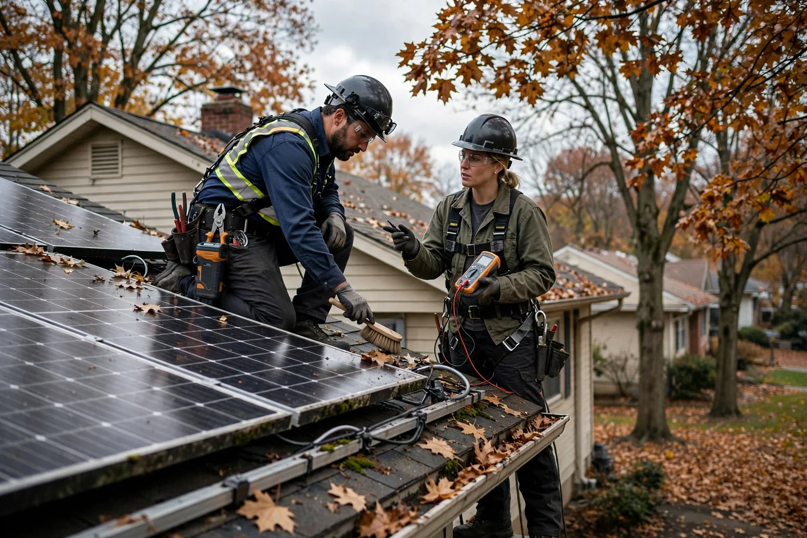 Technician testing rooftop solar array wiring during a repair visit in Wayne