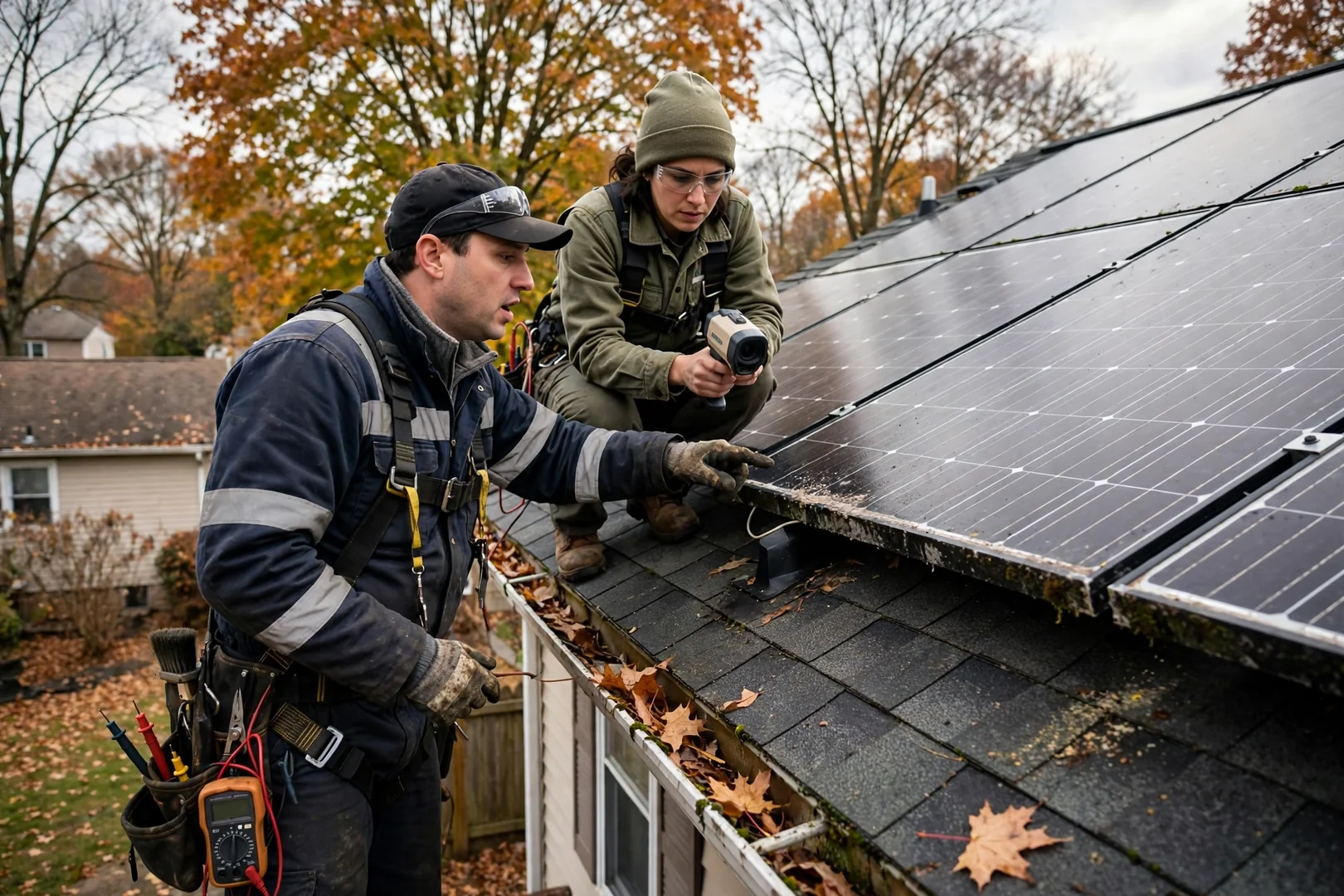 Cracked solar module and corroded connector showing weather damage on a residential array