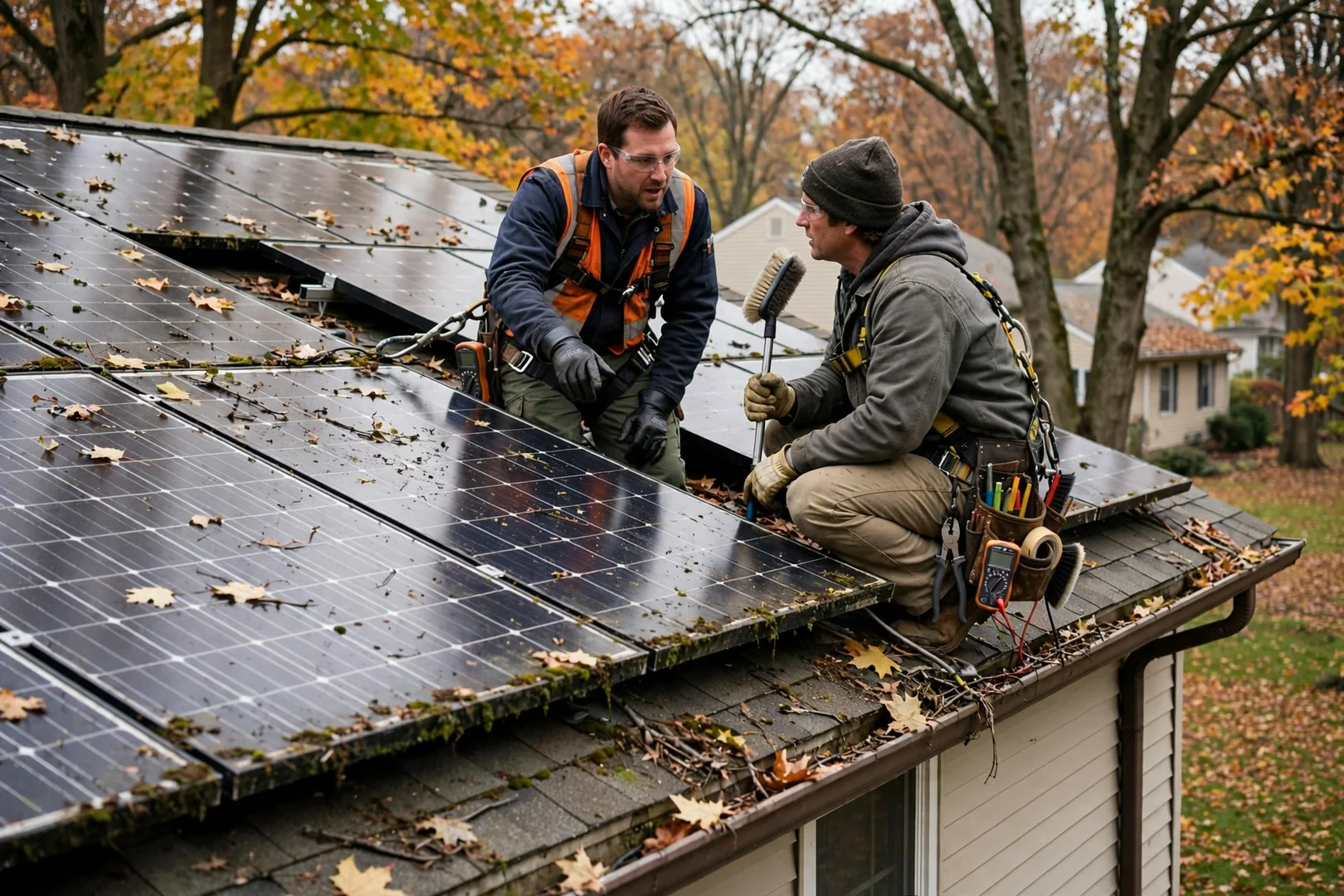 Technician testing rooftop solar array wiring during a panel repair visit in Wayne