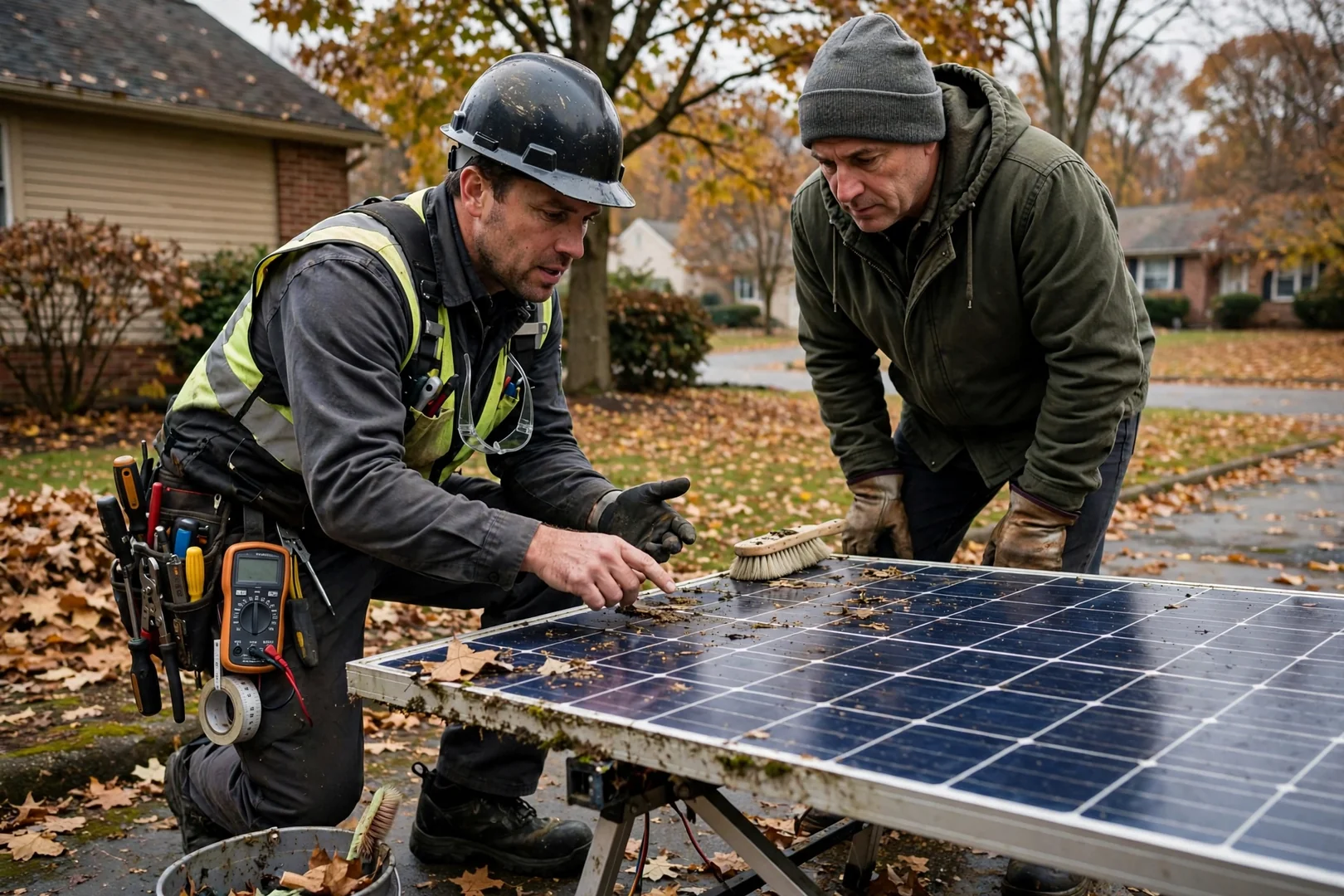 Technician lifting a replacement solar module onto roof racking at a suburban home