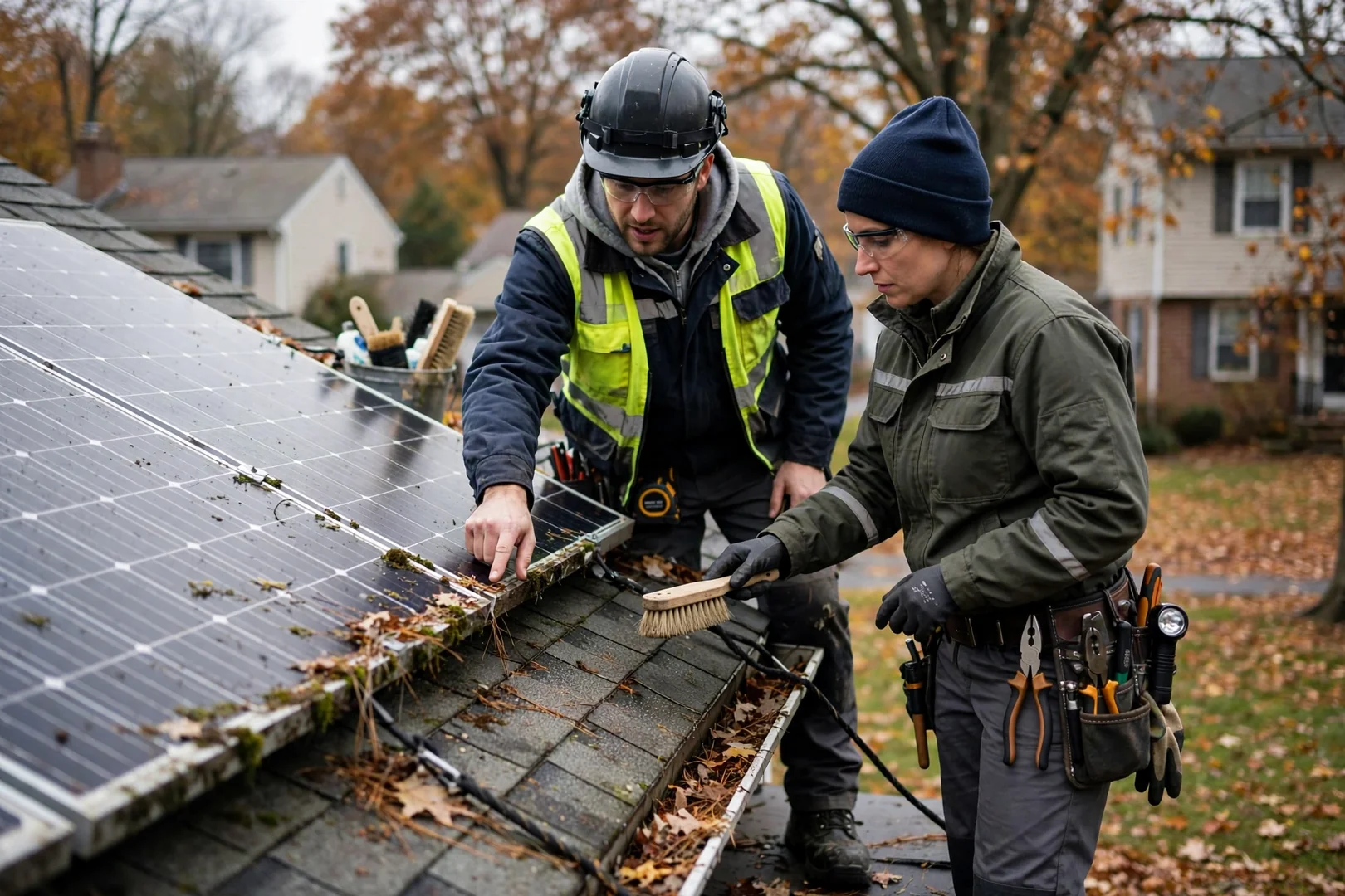 Technician removing an aging rooftop solar module during a panel replacement in Wayne