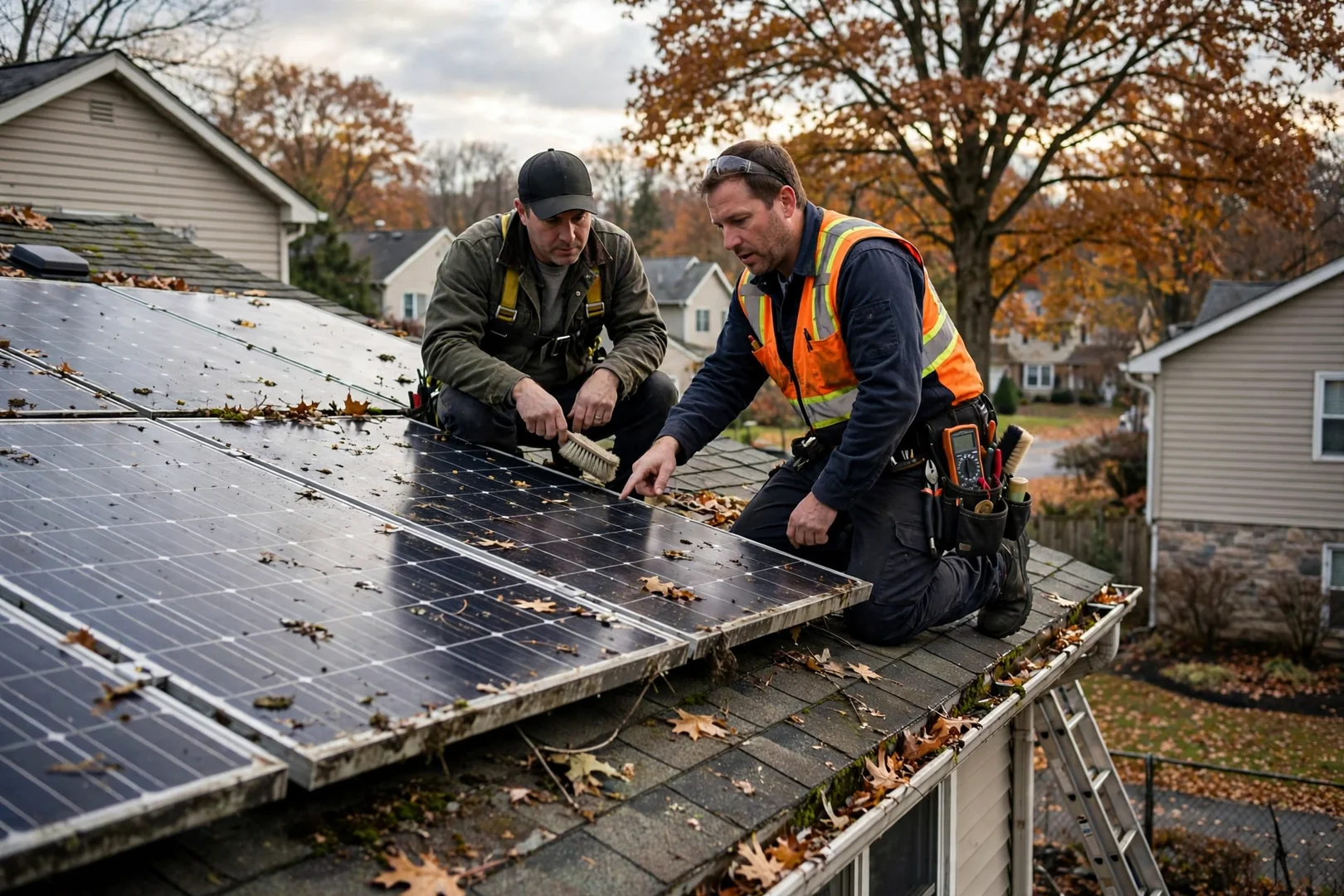 Technician testing string voltage at a rooftop solar inverter during a maintenance visit