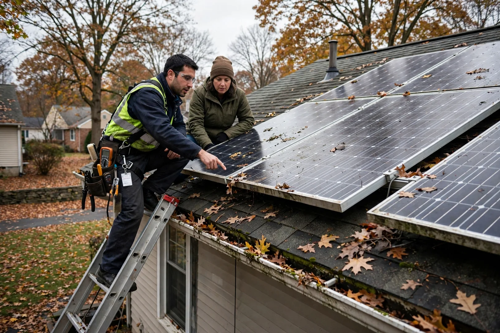 Technician testing string voltage on a rooftop solar array in Wayne New Jersey