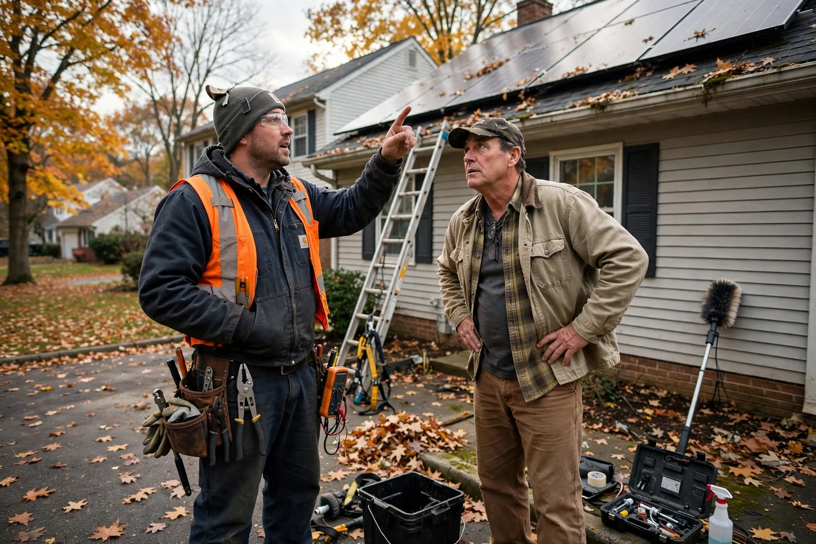 Solar technician inspecting rooftop panel wiring and inverter connections on a Wayne home